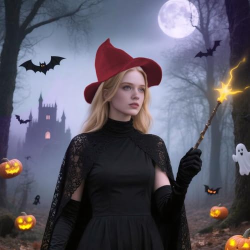 Women Witch Hat for Halloween Wool Hats Wide Brim Spire Knitted Cap for Party Masquerade Cosplay Costume Daily