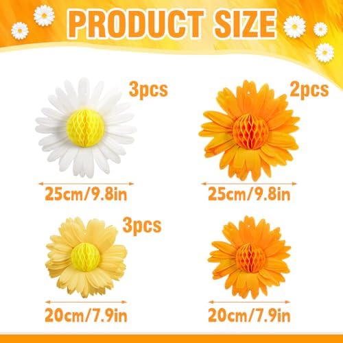 Paper Jazz 9pcs Daisy Paper Flower Decorations, White Yellow Orange Honeycomb Hanging Decor, Spring Party Celling Sign Boho Happy Birthday Supplies for Garden Classroom Baby Shower Birthday Party