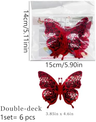 Halloween 3D Butterfly Wall Decor Party Rose Butterfly Sticker Decoration 3.85x4.6 inche Red Black Double Deck Removable Sticker for Birthday Party Backdrop Wedding Photo Booth Decor-6pcs