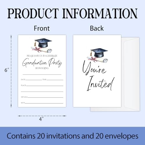 Classic Graduation Invitations 2026 with Envelopes - 20 Pack Class of 2026 Graduation Party Invitations, 4x6 Inch Fill-in Graduation Announcements for High School or College - A02