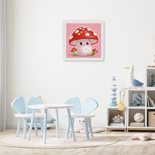 Mushroom Diamond Art Kits for Kids with Frame, Cartoon Diamond Painting Kits for Kids Ages 4-8-12, Easy Diamonds Gem Art Crafts Gift for Girls Boys, Beautiful Package for and Home Wall Decor(7x7inch)