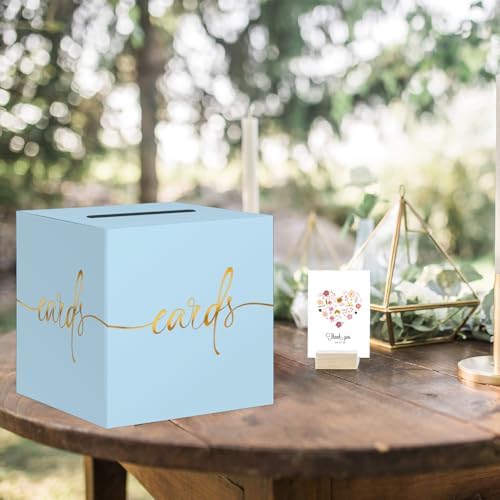 2 Pack Light Blue Card Box with Gold Foil Design, Paperboard 8.7" Card Box for Birthday Wedding Party Graduation Retirement Anniversary Valentine's Day & Baby Showers, Raffle or Money Box