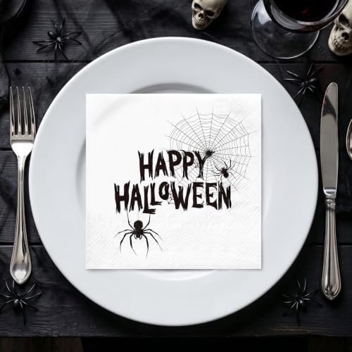 RUSPEPA 25 Pcs Black Halloween Napkin Paper, 3 Ply Happy Halloween Spider Web and Spider Design Disposable Cocktail Napkins for Halloween Party, Spooky Table Decor, Birthday, 5 x 5 Inch