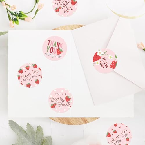 500PCS Thank You Stickers 1.5in Stickers Rolls 6 Designs Pink Sticker with Strawberry Patterns and Thank You Words Sticker for Bottle Scrapbook Journal Envelope Decorations