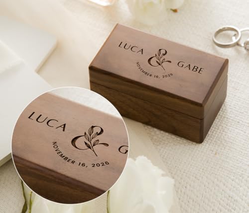 Custom Name & Date Ring Box - Personalized Botanical Walnut Wood Holder