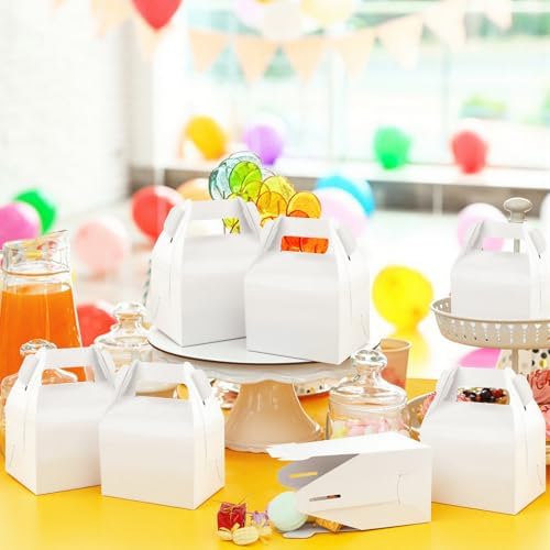 Hooqict 24 Pack White Party Favor Treat Boxes Paper Gable Gift Boxes with Handles for Party Favors Snack Goodie Candy Cookie Desserts, 6.7x5.1x3.5 Inch