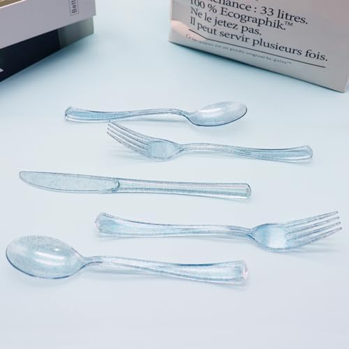 150 Pack Blue Plastic Silverware, Blue Glitter Silverware Plastic Utensils Set Includes 50 Forks, 50 Knives, 50 Spoons for Brithday, Baby Shower, Picnic