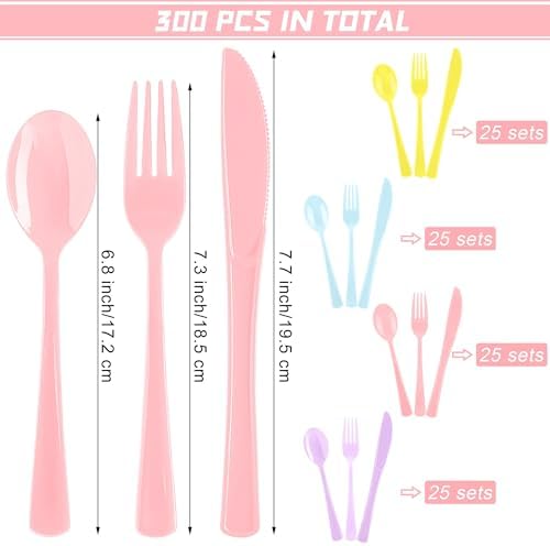 Kochorie 300 Pcs Pastel Plastic Silverware, Heavy Duty Plastic Cutlery Set