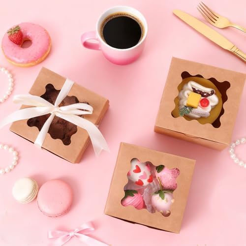 Moretoes 50pcs Small Cookie Boxes with Window, 4x4x2.5In Brown Bakery Boxes