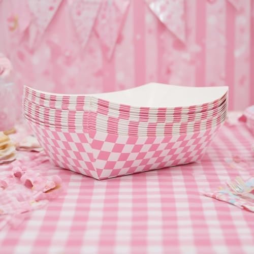 30 Pcs No Folding Required 2lb Gingham Party Supplies Disposable Paper Food Trays for Shower Wedding Tea Party Supplies Nacho Snack (Light Pink)