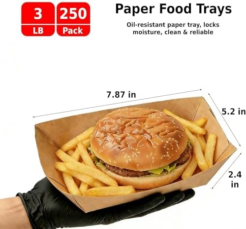 250 Pack 3lb Paper Food Boats - Grease-Resistant Food Trays,Heavy-Duty Food Trays Disposable for Hot Dog,Hamburger,Sandwiches,Nacho,Fries,Onion Rings or Other Snacks
