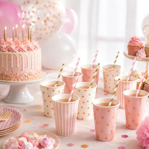 100 Packs Pink and Gold Biodegradable Striped Paper Straws, Disposable Drinking Straws for Birthday Carnival Summer Pool Party Wedding Halloween Christmas Party Decoration Supplies
