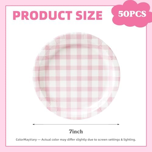 Vyntra 50 Pcs Pink Gingham 7 Inch Round Paper Dessert Plates