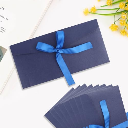 20 Pack Pearlescent Blue Decorative Envelopes with Ribbon Bow, 8x4 Inch Christmas Cash Gift Envelope, Greeting Invitation Envelope Classical Pure Set for Wedding Birthday Festival and Party