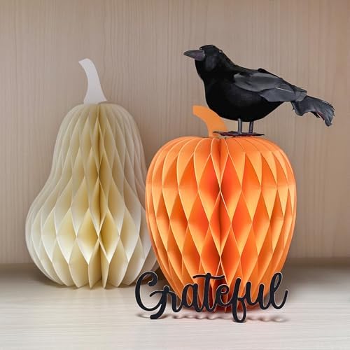 3PCS Paper Pumpkin Table Centerpieces, Pumpkins Honeycomb Centerpiece for Table Decorations with Thankful Signs for Fall, Halloween, Thanksgiving, Baby Shower, Birthday Party