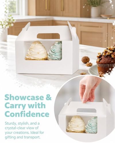 qiqee 100 Packs Cupcake Box Two Holder 6.5x3.6x3.5inch(2.2" Top) White 2 Cupcake Boxes With Window（100 Boxes+100 Inserts）