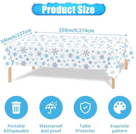 3-Piece 54 x 108 Inch Christmas Snowflake Plastic Tablecloth – Blue and White Disposable Rectangle Table Covers with Snowflake Design for Holiday Parties, Christmas Dinners, and Winter Celebrations