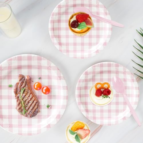 Vyntra 50 Pcs Pink Gingham 9 Inch Round Paper Dinner Plates