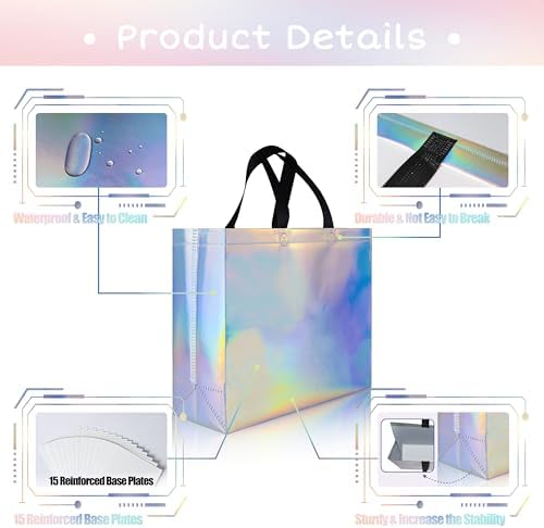 cabzymx 25 Pcs Iridescent Glossy Reusable Gift Bags with Handles & Sturdy Bases, 12.6x4.7x11 In Holiday Party Gift Bags Bulk for Birthday, Wedding, Xmas, Thanksgiving