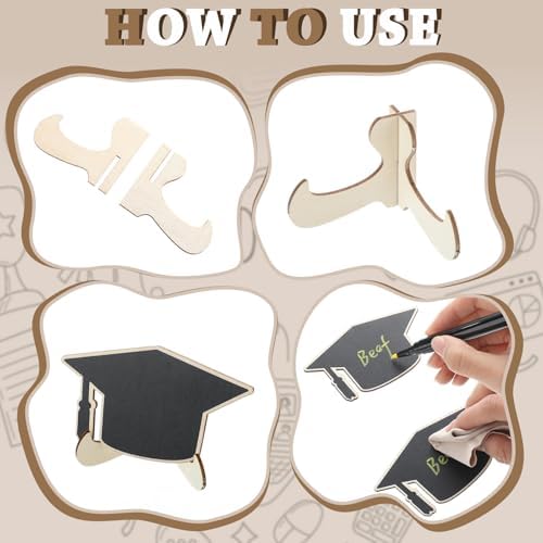 Eaasty 24 Pcs Mini Chalkboard Signs Party Food Labels for Party Buffet with Stand 2 Pen Small Erasable Reusable Wooden Blackboard for Table Setting Name Decorations(Grad Cap)