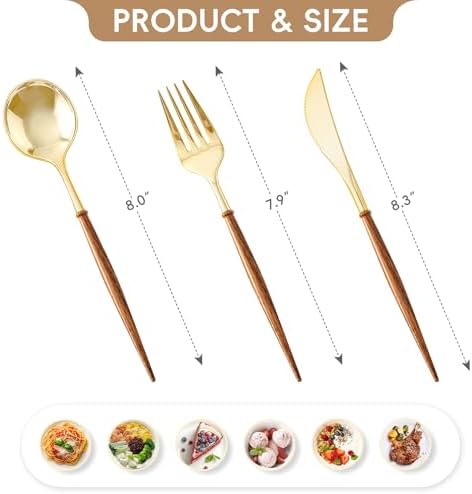 N9R 180PCS Gold Plastic Silverware, Disposable Wood Grain Utensils/Cutlery