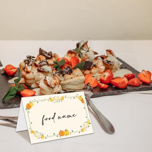 Pumpkin Place Cards for Table Setting, Tent Cards Decor For Birthday Baby Shower Autumn Party Reception Decorations, Bridal Shower Wedding Place Card, 25 Pack Birthday Food Name Card 2 x 3.5" /040