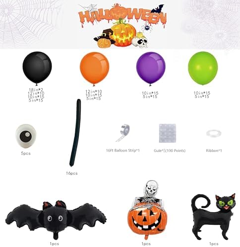 173pcs Halloween Balloon Garland Arch kit with Black Orange Green Purple Balloons Spider Balloons Halloween Foil Balloons for Haloween Theme Party Background Classroom Decorations