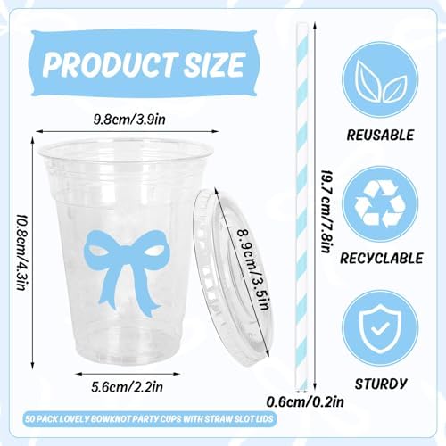 Whaline 50 Pcs Bow Disposable Plastic Cups with Lids and Straws 12 Oz Blue Bow Knot Cold Beverage Drinking Cups