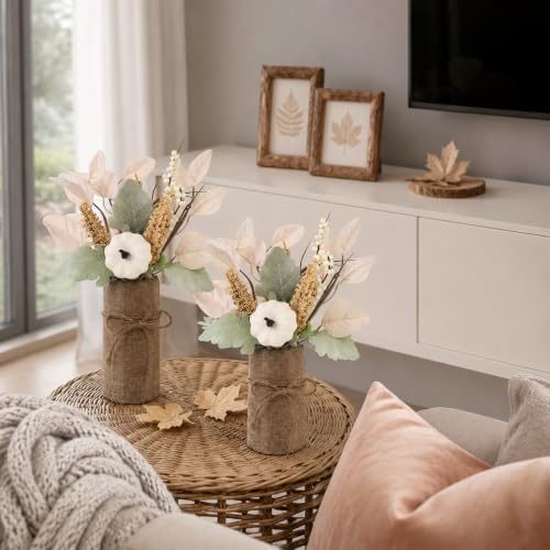 2 Pack Fall Centerpieces for Tables, Fake Pumpkin Leaf Berry Dining Table Thanksgiving Decorations for Indoor Kitchen Home Autumn Wedding Mantel