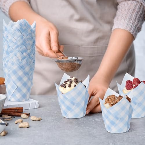 Maxdot 200 Pcs Blue Gingham Tulip Cupcake Liners for Baking Plaid Paper Muffin Baking Cups Checkered Tulip Muffin Liners Wrappers for Bridal Baby Shower Wedding Birthday Party Decor