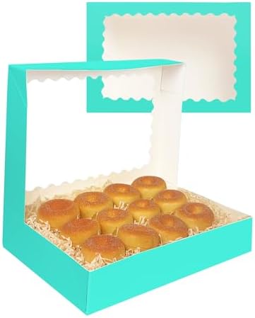 qiqee Auto-pop Up Mint Blue Cookie Box with Window 14x10x2.5 inch 24Pcs Bakery Pastry Macaron Bakery Box For Packaging