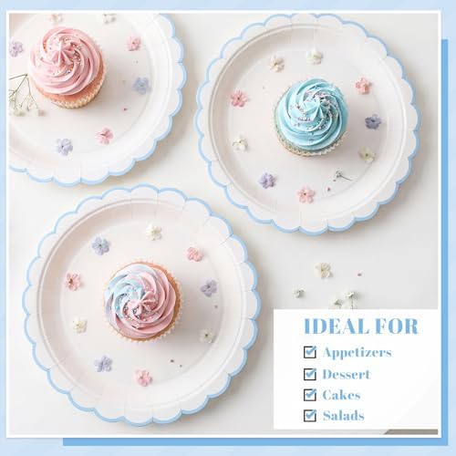 NatNarr 30 Pcs Light Blue Plates 9" Scalloped Blue and White Dessert Plates