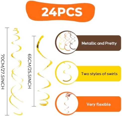 24 PCS Gold Brown Orange Hanging Swirl,Sparkle Ceiling Hanging Decorations,Plastic Streamer Party Decorations with Double-Swirls and Single-Swirls for Fall Birthday, Harvest, Thanksgiving Day,Wedding