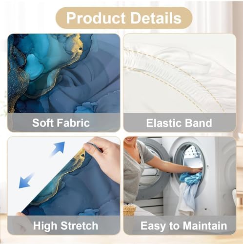 Blue Marble Chair Covers Set of 4, Stretchable Dining Chair Slipcovers with Elegant Blue & Gold Abstract Design, Washable Chair Protectors for Dining Room, Kitchen & Event Décor