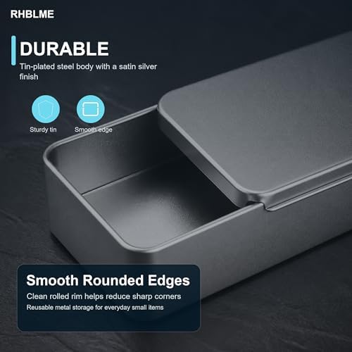 RHBLME 12 Pack Rectangular Tin Boxes with Lids, 4.9 x 3.6 x 1.8 Inch Empty Metal Tin Containers, Silver Storage Tins for Cookies, Candy, Treats, Gifts, Party Favors, Crafts and Small Items