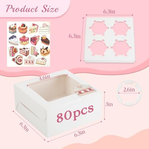OAMCEG Cupcake Boxes with Window, 6x6x3 Inches Cookie Boxes,80 Pack,White