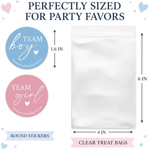 Gender Reveal Party Favor Bags, 120 Team Boy or Girl Stickers and 120 Clear Treat Bags, 1.6 Inch Pink and Blue Labels for Candy, Snacks and Baby Shower Decorations