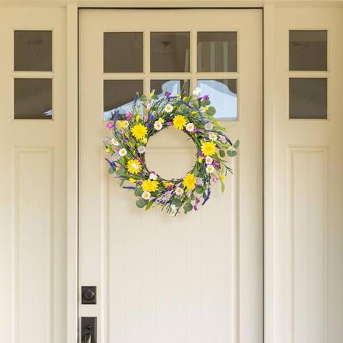 J'FLORU Artificial Spring Wreath Summer Wreaths for Front Door Floral Wreath with Daisy and Lavender for Indoor Outdoor Easter Celebration (18 Inch)