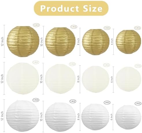 BEISHIDA Gold White Paper Lanterns 12Pcs 6/8/10/12 Inch Round Chinese Lamp