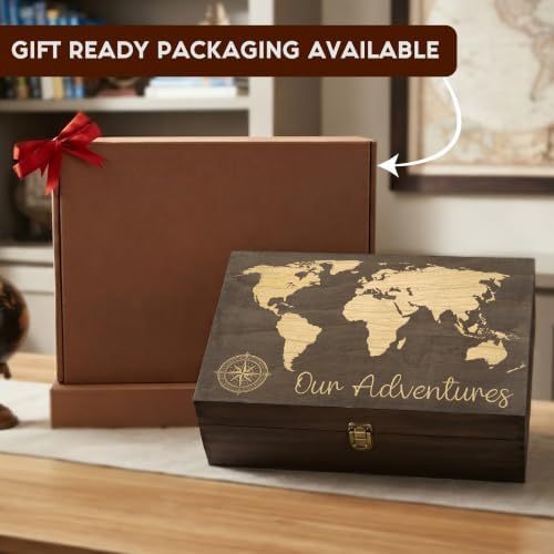 Our Adventure Engraved Wooden Keepsake Box, Memory Storage Box with Inside Engraving, Wooden Treasure Box for Travel Memories, Photos, Souvenirs, Couples & Special Moments, X-Large 14.15 x 9.5 x 4.5"
