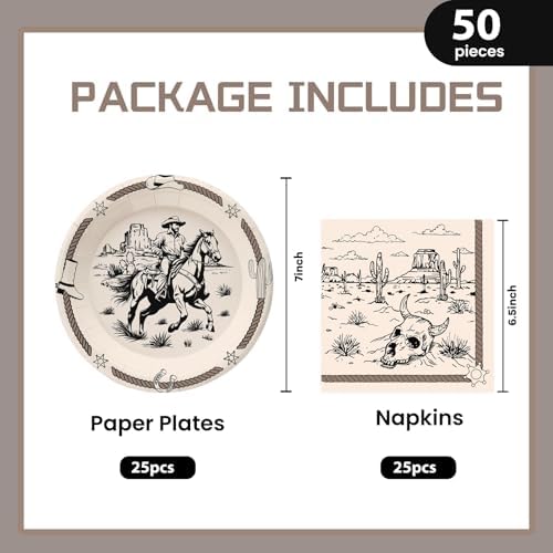 50Pcs Cowboy Plates and Napkins Supplies, Disposable Western Theme Paper Plates Napkins Wild West First Rodeo Tableware Set for Birthday Bachelorette Party Decorations (Cowboy)