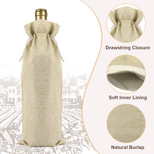 Oenothera 10 Pack Burlap Wine Gift Bags with Drawstring Fit 750ml, Natural