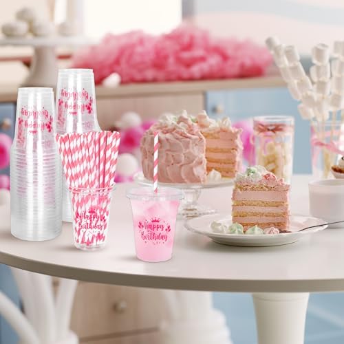 Whaline 50 Pcs 12 Oz Happy Birthday Disposable Plastic Cups with Lids and Straws Hot Pink Cold Beverage Drinking Cups for Home Kitchen Birthday Party Supplies