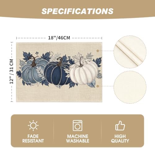 Artoid Mode Navy Blue Pumpkins Fall Placemats Set of 6-12 x 18 Inch