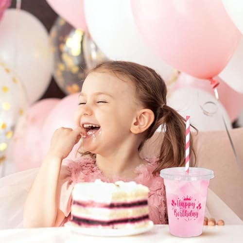 Whaline 50 Pcs 12 Oz Happy Birthday Disposable Plastic Cups with Lids and Straws Hot Pink Cold Beverage Drinking Cups for Home Kitchen Birthday Party Supplies