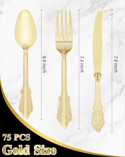 Goodluck 75 Pack Gold Plastic Silverware Set, Heavy Duty Cutlery