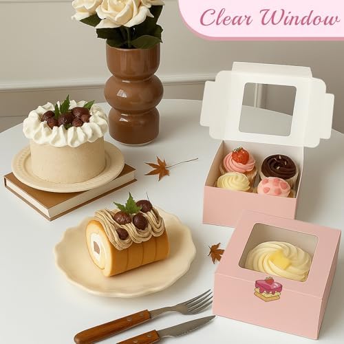 OAMCEG Cupcake Boxes with Window, 6x6x3 Inches Cookie Boxes,30 Pack,Pink