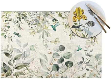 Spring Place mats Set of 4,12x18 Inches Green Floral Bird Eucalyptus Leaf Decorative Summer Decor Leaf Placemats Rectangle Spring Table Mats for Party Home Kitchen Dining Table Decoration
