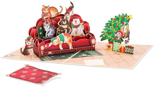 POPWOW Christmas Sofa Cats Pop Up Card, Meowy Christmas, Xmas Tree, 3D Greeting Card, Gift for Cat Person, Kid, Boy, Girl, Sister, Brother, 5x7 - Includes Envelope And Message Note