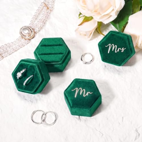Mr & Mrs Velvet Wedding Ring Box 2 Slots Cursive Hexagon Jewelry Ring Box for Wedding Day Ceremony Bridal Photography Gift Set of 2 (Emerald Green)